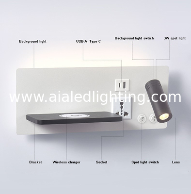 Lámpara de pared de lectura multifuncional para hoteles, villas y apartamentos, con conector USB tipo-C para cargador inalámbrico, luz de cama, luz de dormitorio proveedor