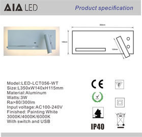 La luz de la lectura del USB IP20 llevada llevó la lámpara de lectura para la luz de la pared del cabecero de la cama/12 voltios interior llevados leyendo la luz para el hotel proveedor